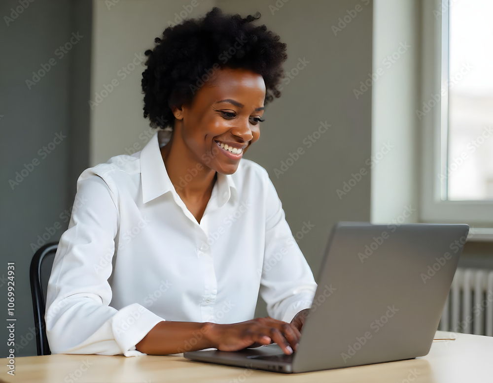 Beautiful young woman working on her computer from her home office in bright setup Beautiful young woman working on her computer from her home office in bright setup