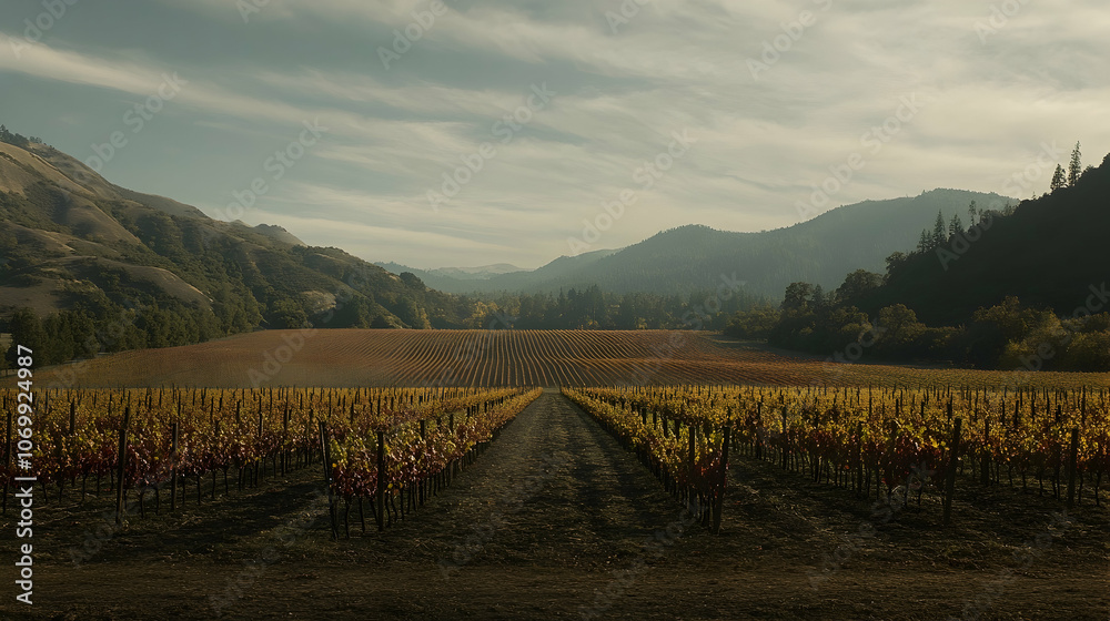 Fototapeta premium Rows of grapevines in a vineyard with rolling hills in the background.
