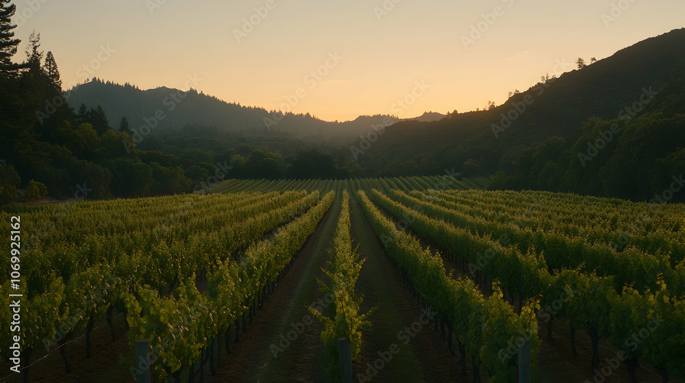 Rows of grapevines stretch across a valley at sunset. Rows of grapevines stretch across a valley at sunset.