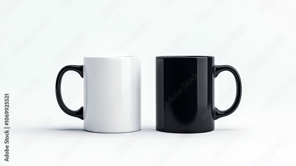 Two black and white coffee mugs sitting side by side on a white surface Two black and white coffee mugs sitting side by side on a white surface