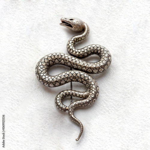 Precious silver brooch in the shape of a snake. White background 