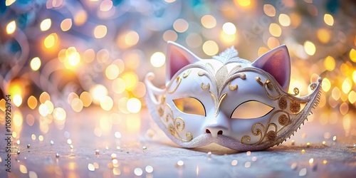 White Cat Shaped Party Mask on White Background with Selective Focus - Perfect for Celebrations, Events, or Unique Costume Ideas photo