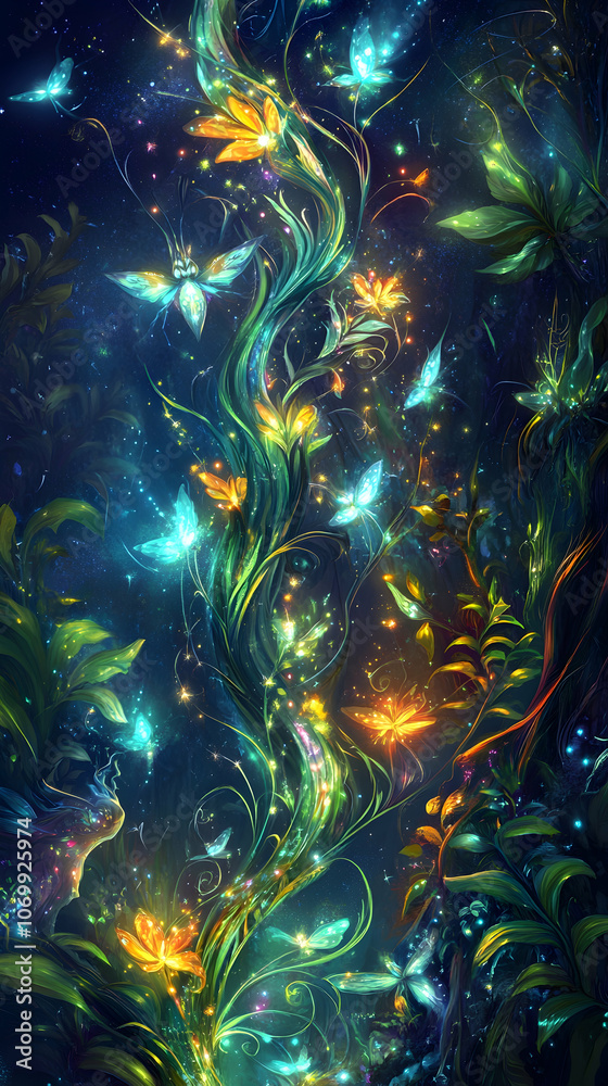 Glowing plants and butterflies in a fantasy forest. Glowing plants and butterflies in a fantasy forest.