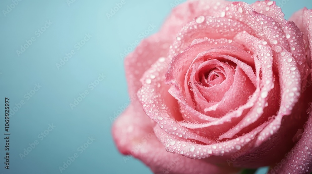 A beautiful pink rose with delicate petals and dewdrops, set against a soft blue background, symbolizing love and freshness. A beautiful pink rose with delicate petals and dewdrops, set against a soft blue background, symbolizing love and freshness.