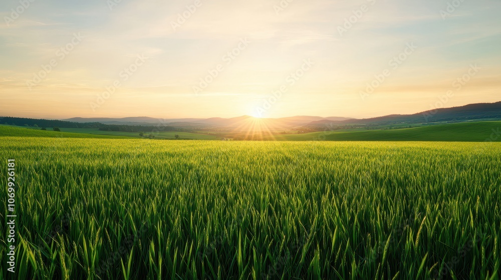 A breathtaking sunrise illuminates a vast, lush green field, creating a serene and tranquil atmosphere for nature lovers. A breathtaking sunrise illuminates a vast, lush green field, creating a serene and tranquil atmosphere for nature lovers.