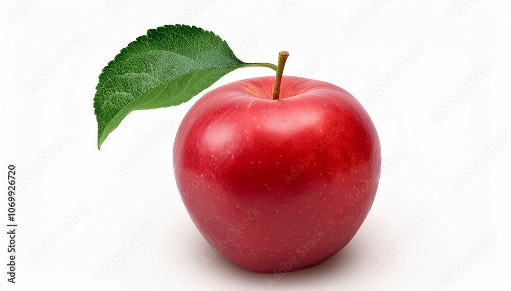 A lone red apple with a perfect green leaf on an isolated white background. A lone red apple with a perfect green leaf on an isolated white background.