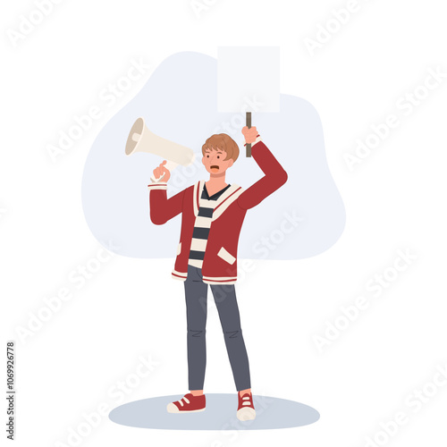 Man Holding Blank Sign with Megaphone. Concept for Communication, Social Issues, and Activism with Empty Space