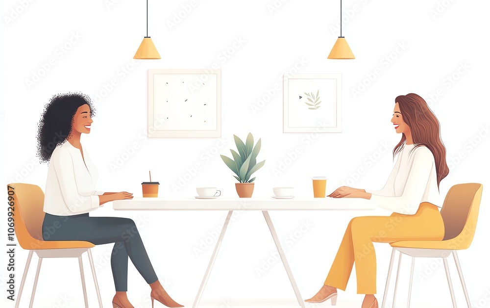 Two women sitting at a table, enjoying coffee and conversation. Two women sitting at a table, enjoying coffee and conversation.