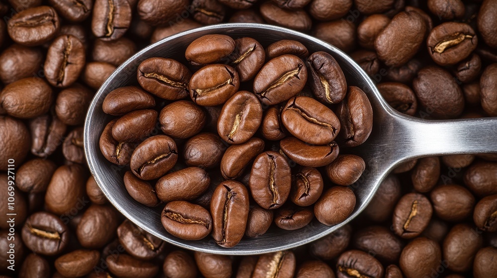 Obraz premium A close-up of roasted coffee beans in a spoon, showcasing their rich texture and color against a background of scattered beans.