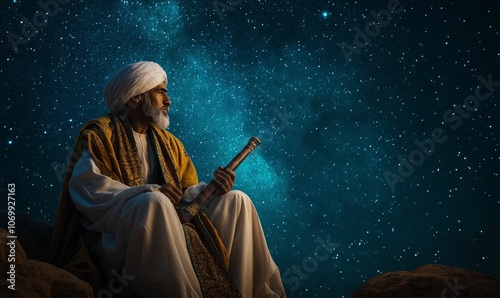 Man in turban stargazing under a starry sky.