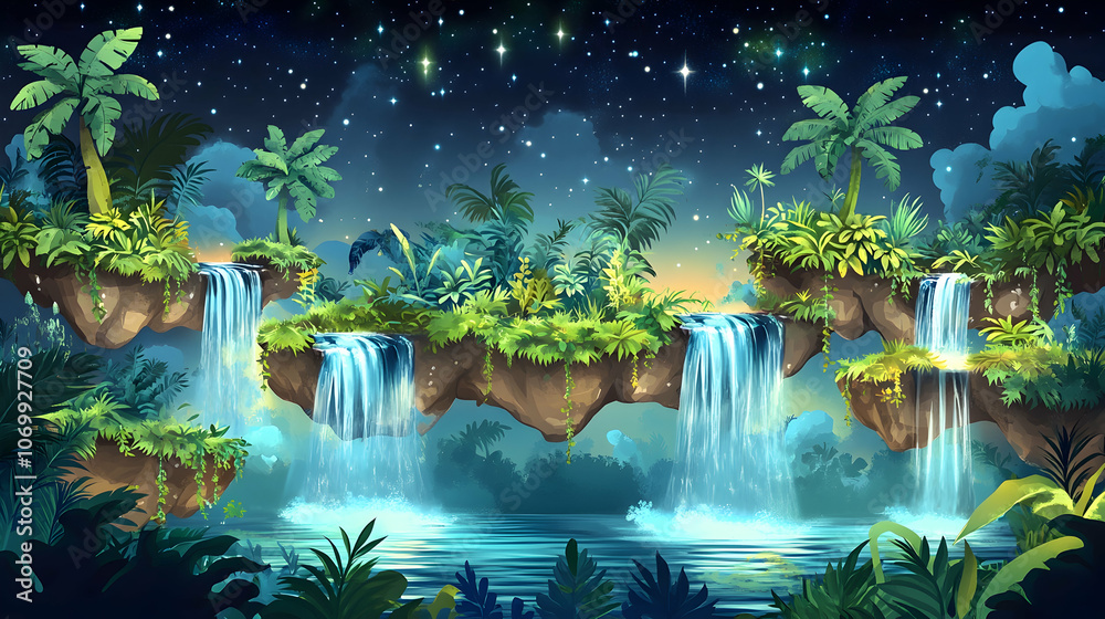 Fototapeta premium A magical, surreal night scene featuring floating islands with cascading waterfalls, lush tropical vegetation, and a starry sky.