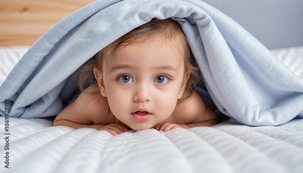 cute baby looks out from under the blanket. cute funny little child girl looks out from under the blanket on the bed, copy space cute baby looks out from under the blanket. cute funny little child girl looks out from under the blanket on the bed, copy space