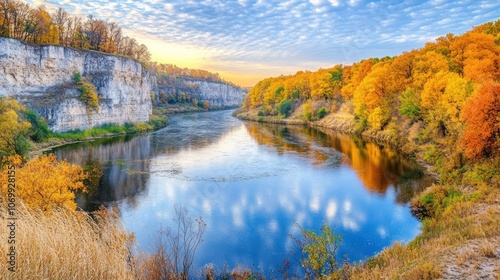 A serene river landscape framed by colorful autumn foliage and dramatic cliffs at sunset.