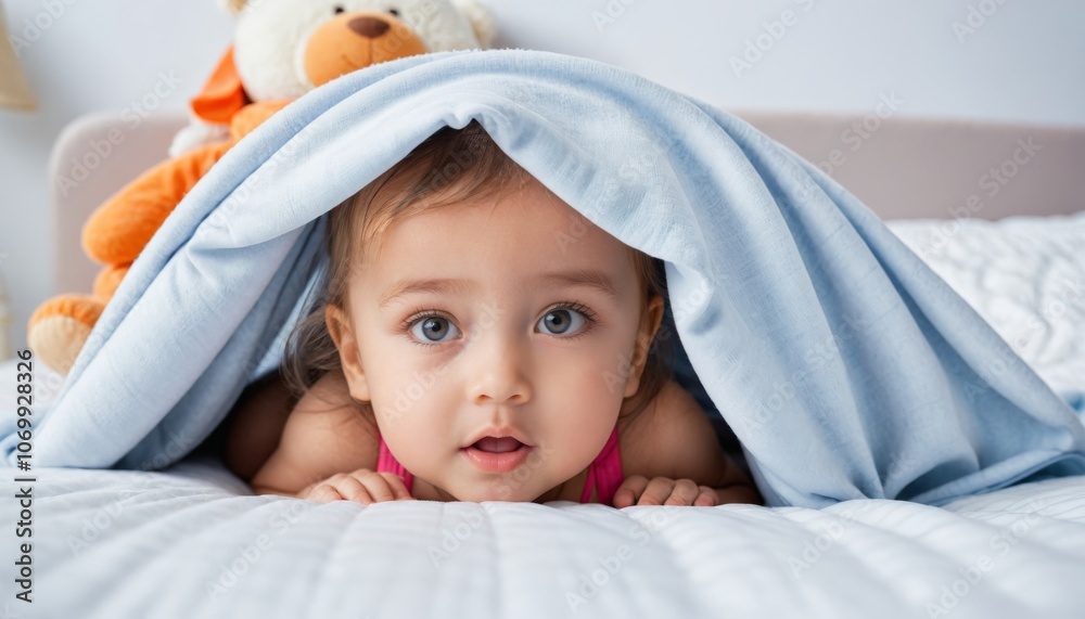 cute baby looks out from under the blanket. cute funny little child girl looks out from under the blanket on the bed, copy space cute baby looks out from under the blanket. cute funny little child girl looks out from under the blanket on the bed, copy space