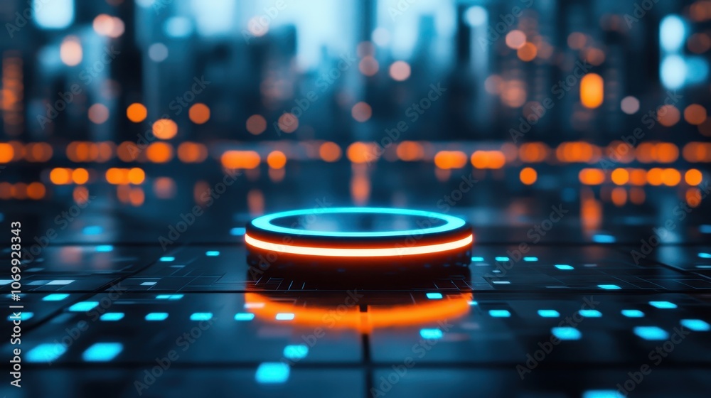 A futuristic interface featuring a glowing button, surrounded by vibrant city lights, creating a high-tech ambiance.