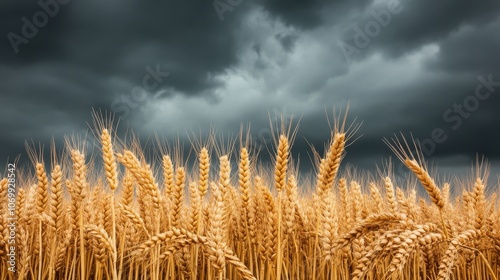 A golden field of wheat under a dramatic sky filled with dark clouds, symbolizing nature's beauty and impending weather changes. photo