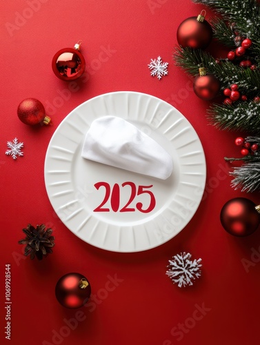 white numbers 2025 on a white plate in the center with a chef's hat on a plain red background christmas new year copy space photo