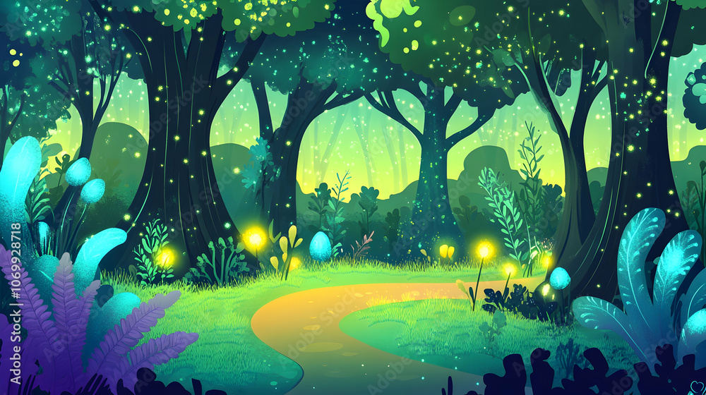 Obraz premium A winding path leads through a magical forest filled with glowing lights and vibrant foliage.