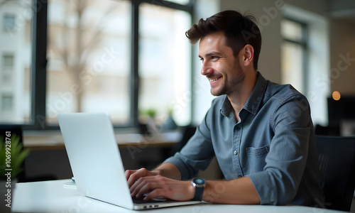 Photo of a young professional business man in blue shirt working at the office and looking at the screen of his laptop