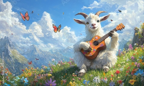 Smiling goat plays guitar in a field of flowers.