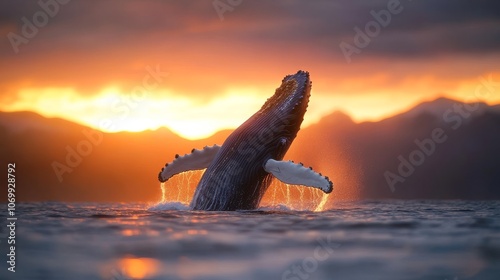 A majestic whale breaches the water at sunset, showcasing its powerful form against a stunning sky. photo