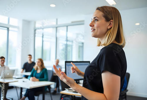 Beautiful young woman in black blouse smiling and standing in front of her colleagues in business casual clothes speaking during a conference 