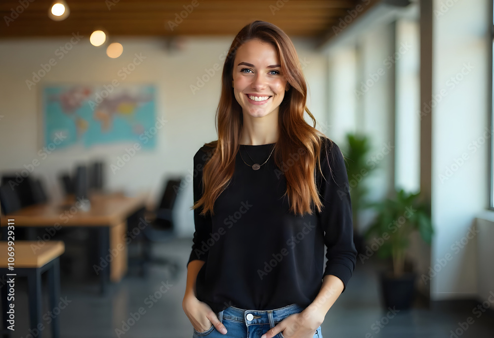 Beautiful young, successful woman in front of an empty office room looking at the camera and smiling Beautiful young, successful woman in front of an empty office room looking at the camera and smiling