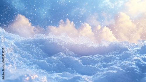 Winter snow background with snowdrifts, with beautiful light and snow flakes on the blue sky in the evening, banner format, copy space. photo