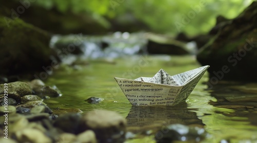 "A serene scene of a paper boat, folded from a newspaper, floating gently down a clear, winding stream.