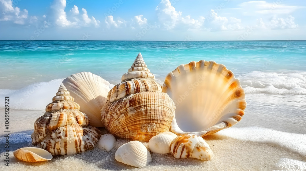 Seashells on a sandy beach with blue ocean water and white clouds in the background. Seashells on a sandy beach with blue ocean water and white clouds in the background.