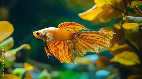 A vibrant orange Siamese fighting fish, or betta, swims gracefully through the water, its fins flowing like a silken banner. photo