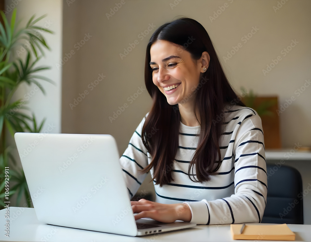 Young pretty woman wearing  business shirt in her late 20s smiling and working at her desk