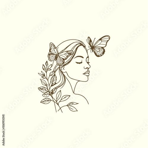 woman face with butterfly, doodle continuous line art vector illustration