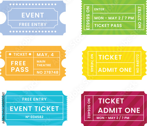 Event tickets-flat-design-pack in various vibrant colors
