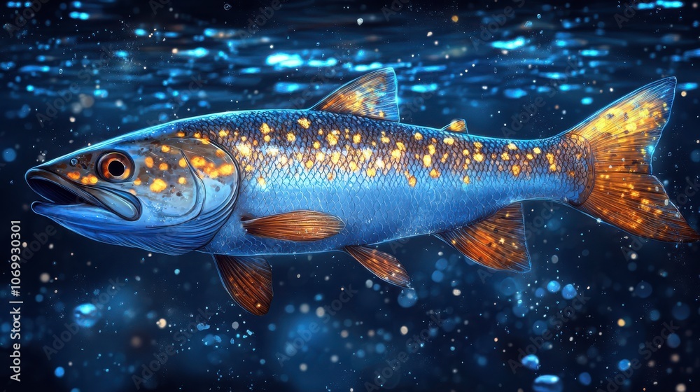 Vibrant Fish Swimming in Underwater River Scene Vibrant Fish Swimming in Underwater River Scene
