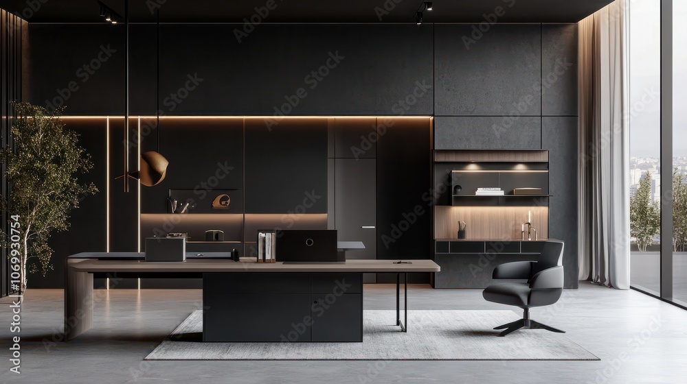 Fototapeta premium 48.A modern office with an open-plan layout, sleek desks, and a clear, minimalist design.