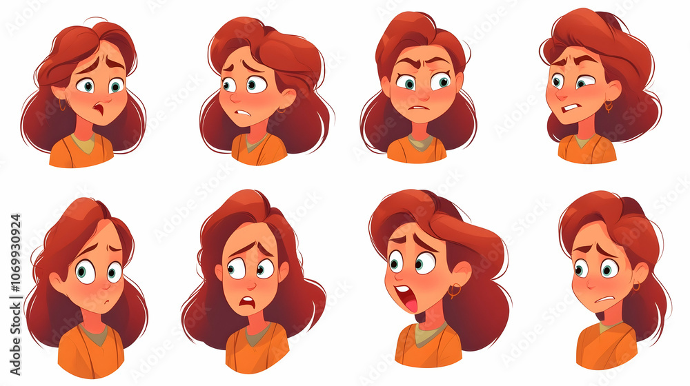 Set of eight cartoon illustrations of a young woman with different facial expressions, including sadness, worry, concern, and fear. Set of eight cartoon illustrations of a young woman with different facial expressions, including sadness, worry, concern, and fear.