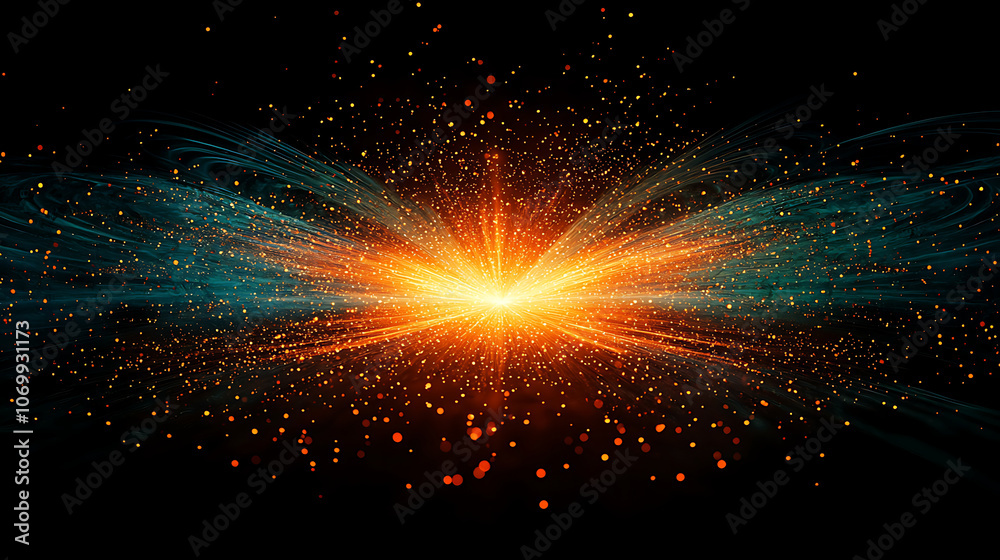 Abstract image with dynamic turquoise and orange lines converging toward a central point on a dark background, creating a bold, energetic, and vibrant design.