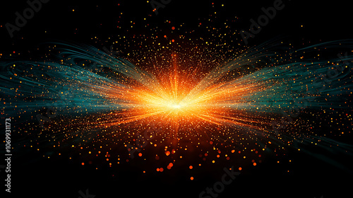 Obraz na płótnie Abstract image with dynamic turquoise and orange lines converging toward a central point on a dark background, creating a bold, energetic, and vibrant design. w salonie