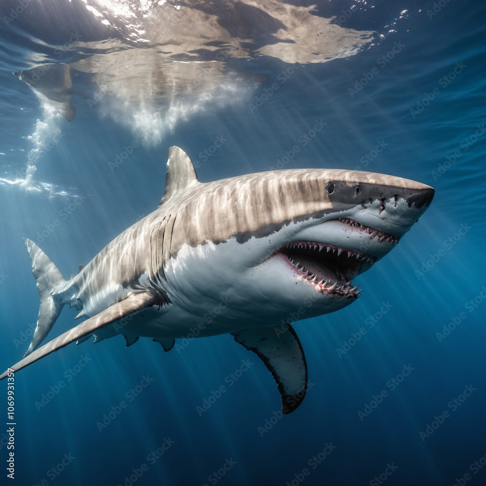 Naklejka premium A majestic great white shark swimming through the ocean, illuminated by a beam of sunlight. The image showcases the shark's powerful presence and the beauty of the marine environment.