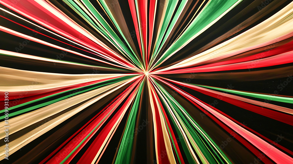 An abstract composition featuring vibrant red and green lines converging toward a central focal point on a dark backdrop, offering a bold and striking visual effect. An abstract composition featuring vibrant red and green lines converging toward a central focal point on a dark backdrop, offering a bold and striking visual effect.