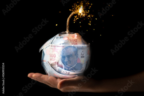 Turkish lira 100 TL. Concept of a bomb figure about to explode. photo