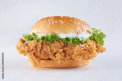 Zinger Burger, prepared by delicious and crunchy coated chicken flay with lettuce, garlic mayonnaise and fresh bun.  photo