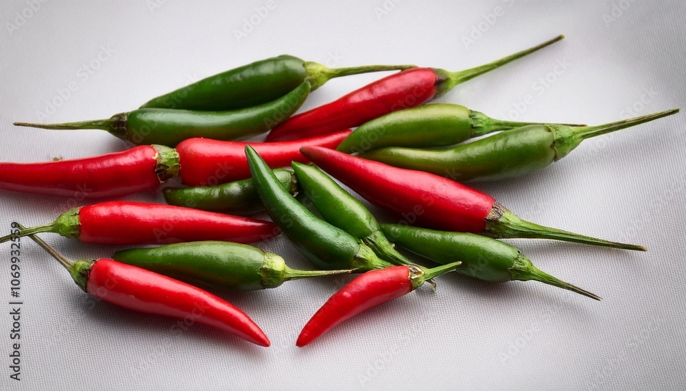 A scattering of red and green bird’s eye chilies in a natural cluster on a light background. A scattering of red and green bird’s eye chilies in a natural cluster on a light background.
