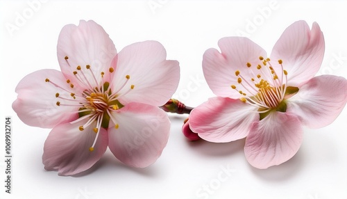 A single blooming cherry blossom flower on an isolated white background.