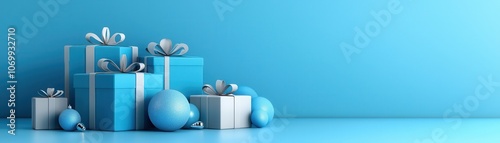 Blue Gift Boxes and Ornaments on Blue Background. photo