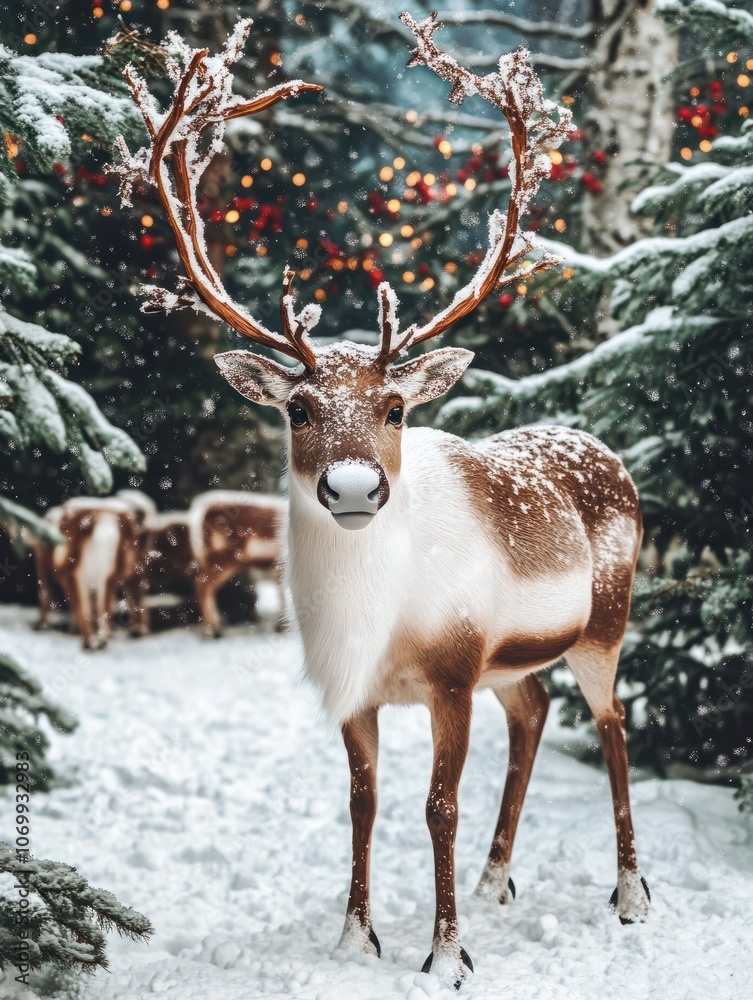 A festive Christmas scene with reindeer in the snow A festive Christmas scene with reindeer in the snow