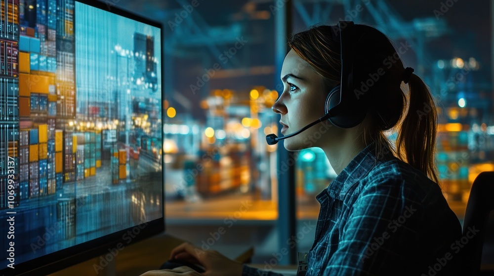 A focused call center employee speaks on the phone, with headset on, while using a computer to track shipments A focused call center employee speaks on the phone, with headset on, while using a computer to track shipments
