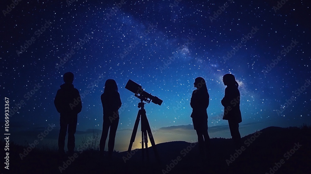 Four silhouettes of people looking at the night sky with a telescope. Four silhouettes of people looking at the night sky with a telescope.