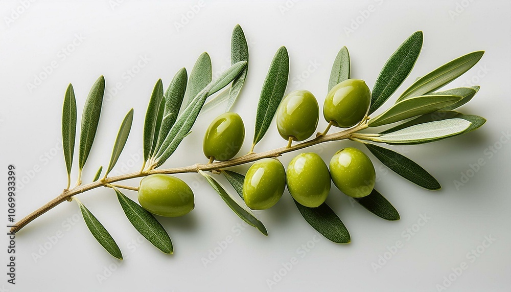 Fototapeta premium A single olive branch with small green olives isolated on a clean background.